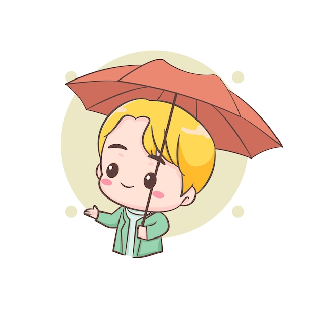 Cute boy holding umbrella cartoon character