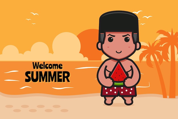 Cute boy holding watermelon with a summer greeting banner cartoon icon illustration