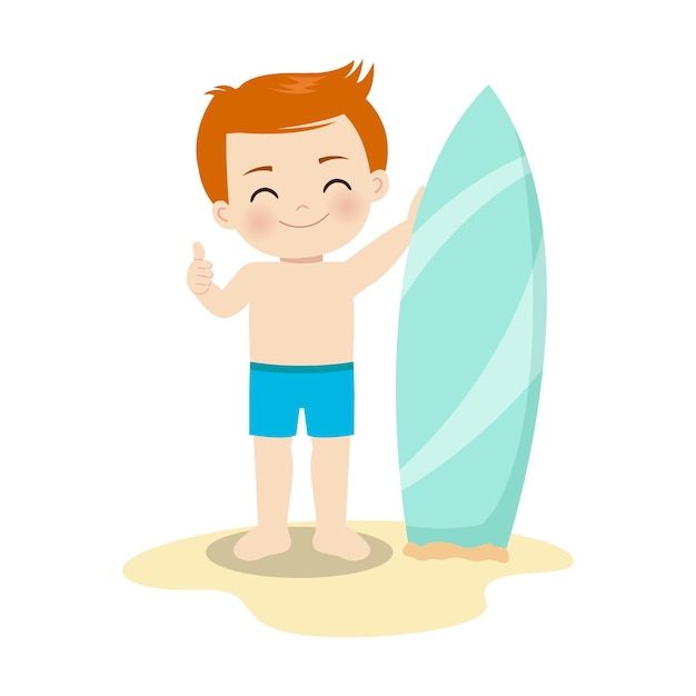 서핑 보드와 함께 수영복 포즈에 귀여운 소년
