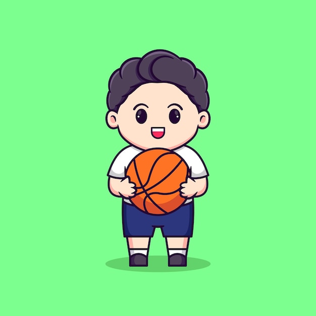 Cute boy indonesian junior high school student holding basket ball vector cartoon illustration