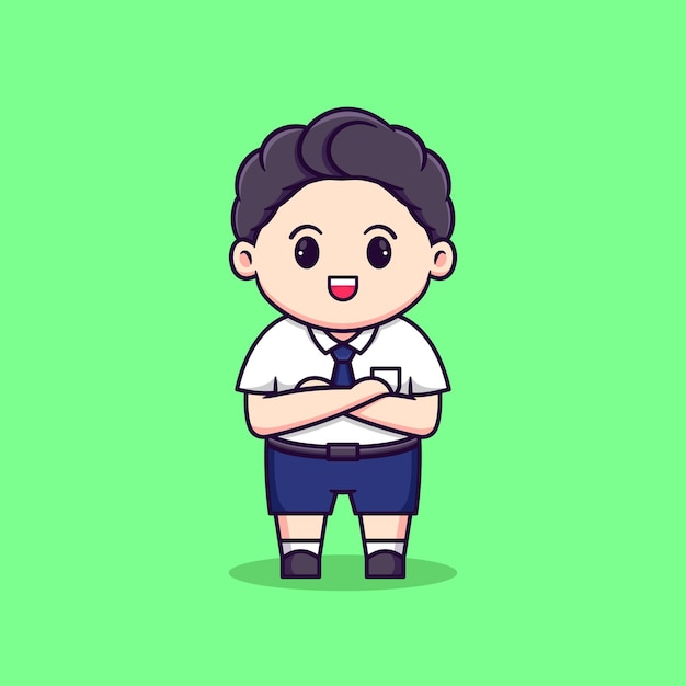 Vector cute boy indonesian junior high school student stand with arms crossed pose vector cartoon character