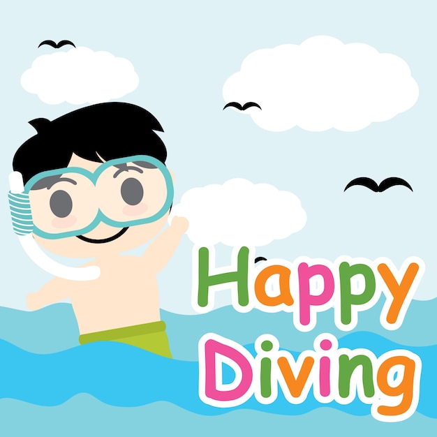 Cute boy is diving in the sea vector cartoon, summer postcard, wallpaper, and greeting card, t-shirt design for kids