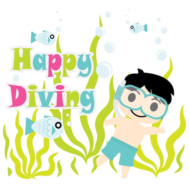 귀여운 소년은 바다 벡터 만화, 여름 엽서, 벽지 및 인사말 카드, 아이들을위한 티셔츠 디자인에 다이빙