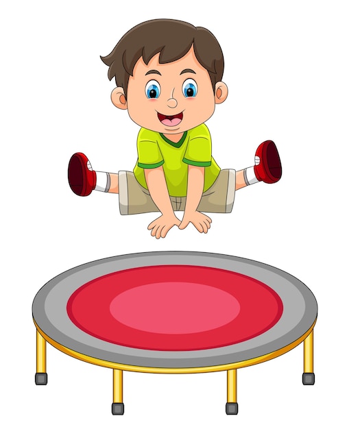 The cute boy is jumping on the trampoline and doing the freestyle