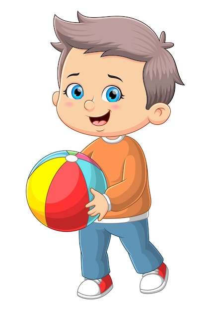 The cute boy is running and playing the rainbow ball