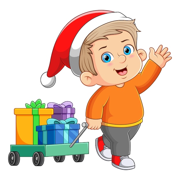 The cute boy is waving and showing a lot of gift on the cart