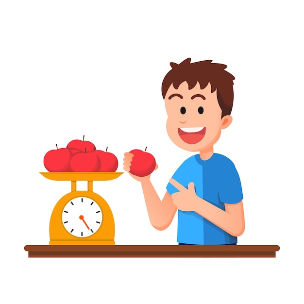 A cute boy is weighing some apples