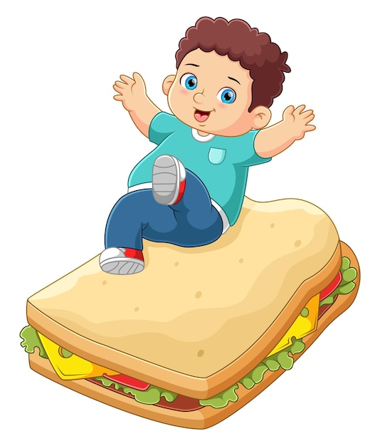 A cute boy jumping on a big sandwich