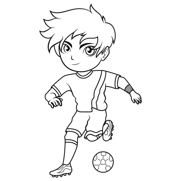 Vector cute boy kicking soccer ball lijn kunst