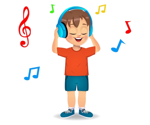 Vector cute boy kid listening to music