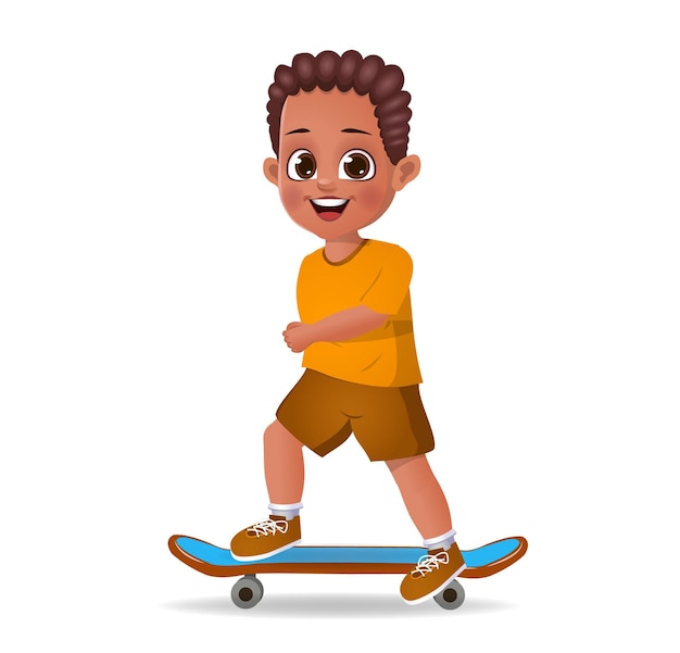 Cute boy kid playing with skateboard