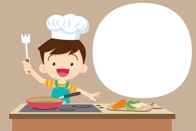 Vector cute boy little chef present cooking in the kitchen 3