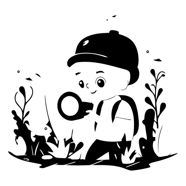 Vector cute boy looking through magnifying glass vector cartoon illustration