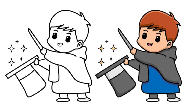 Cute boy magician coloring page for kids