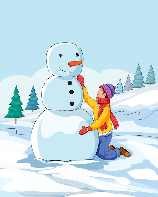 Cute boy making snowman
