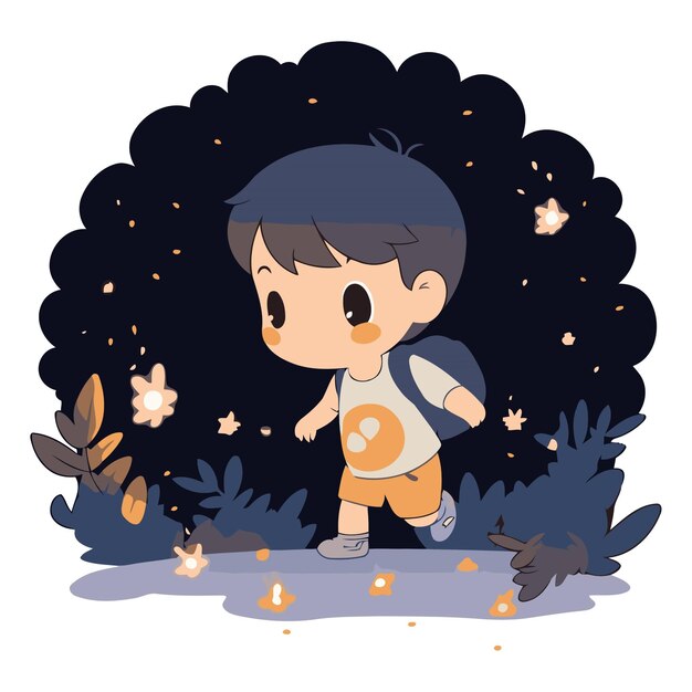 Vector cute boy in the night forest of a boy with a backpack