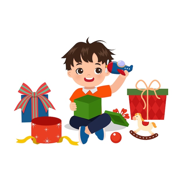 Vector cute boy opening christmas presents with happy face