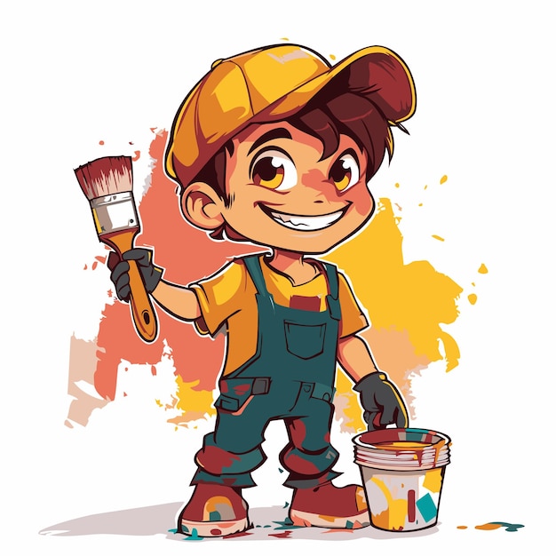 Cute boy painter with paint bucket and brush Vector illustration