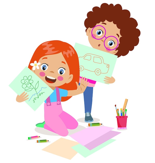 Vector cute boy painting and cutting colorful craft papers