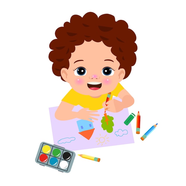 Vector cute boy painting with watercolors and colored pencils