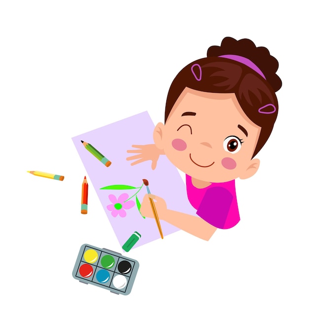 Vector cute boy painting with watercolors and colored pencils