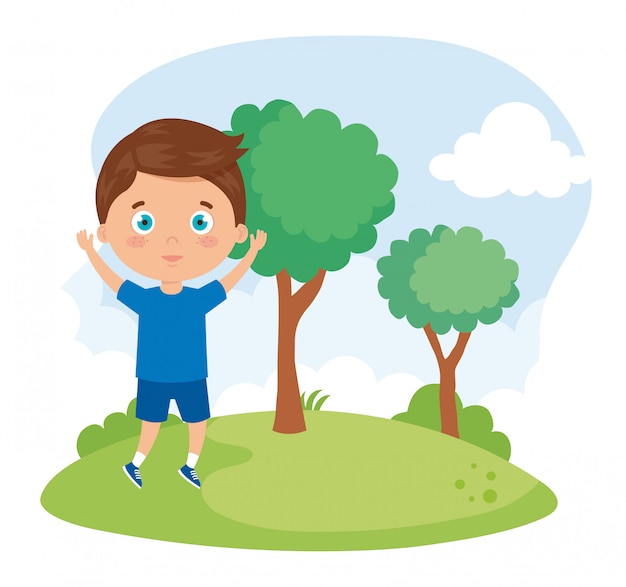 Cute boy in the park nature vector illustration design