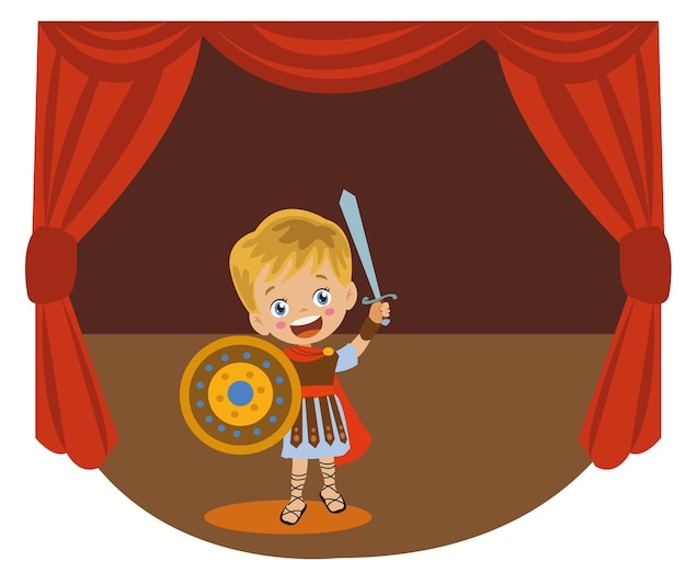 cute boy performing theater in roman soldier outfit