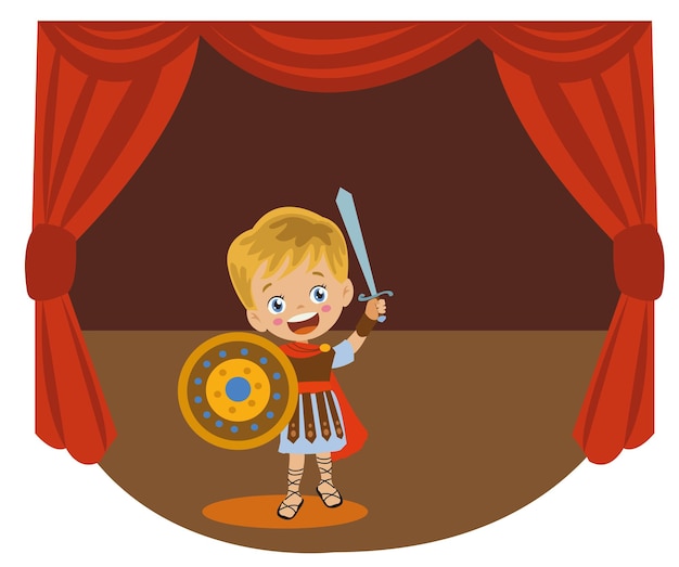 Cute boy performing theater in roman soldier outfit