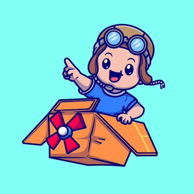 Cute Boy Pilot Driving Cardboard Box Plane Cartoon Vector Icon Illustration. People Education Icon Concept Isolated Premium Vector. Flat Cartoon Style