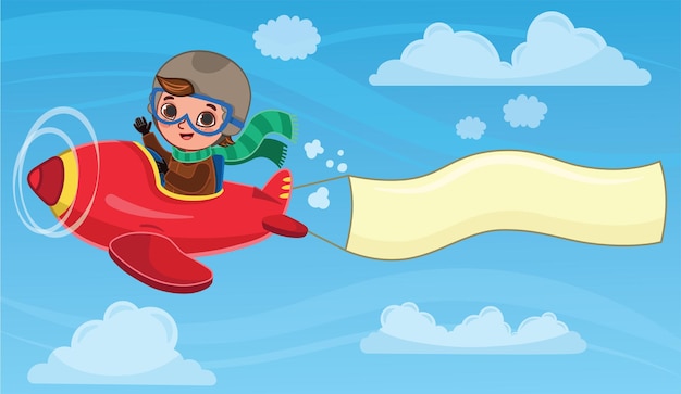 Cute boy pilot flies on a red plane with a banner cartoon vector illustration