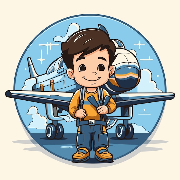 Cute boy pilot with airplane vector illustration in cartoon style