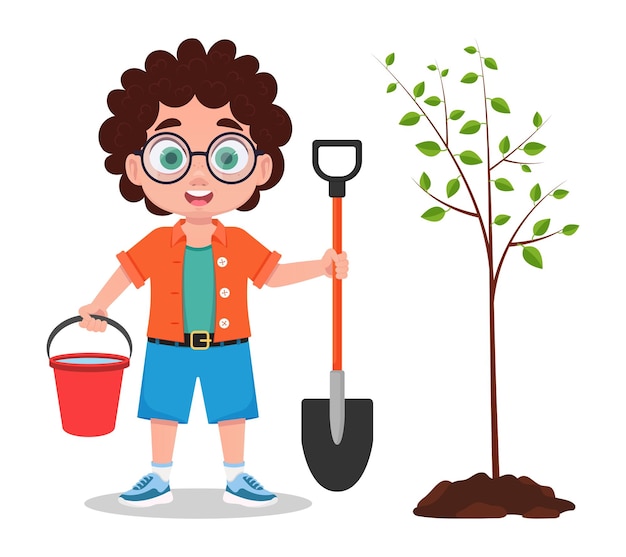 Cute boy planting a tree Vector illustration