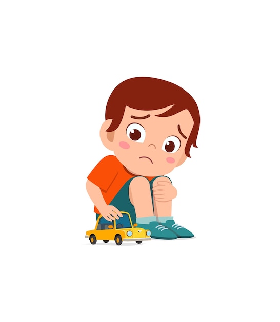 Vector cute boy play toy car alone and feel sad