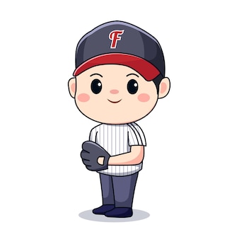 Ragazzo carino che gioca a baseball design del personaggio chibi kawaii