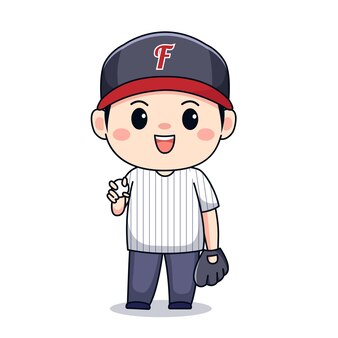 Ragazzo carino che gioca a baseball design del personaggio chibi kawaii