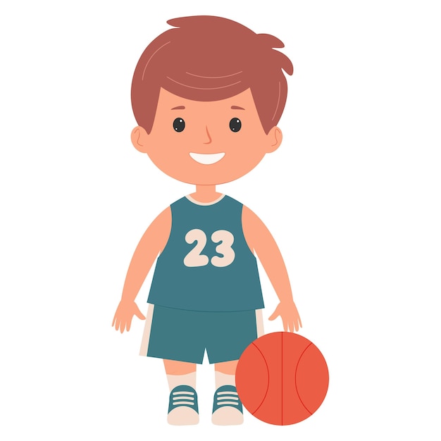 白い背景でバスケットボールをしている可愛い男の子 ベクトルイラスト 夏のゲーム