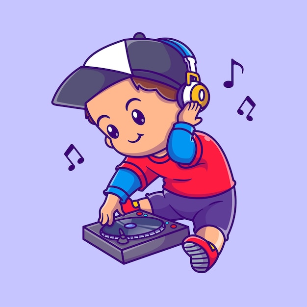 Dj音楽を再生するかわいい男の子漫画ベクトルアイコンイラスト人テクノロジーアイコンコンセプト分離