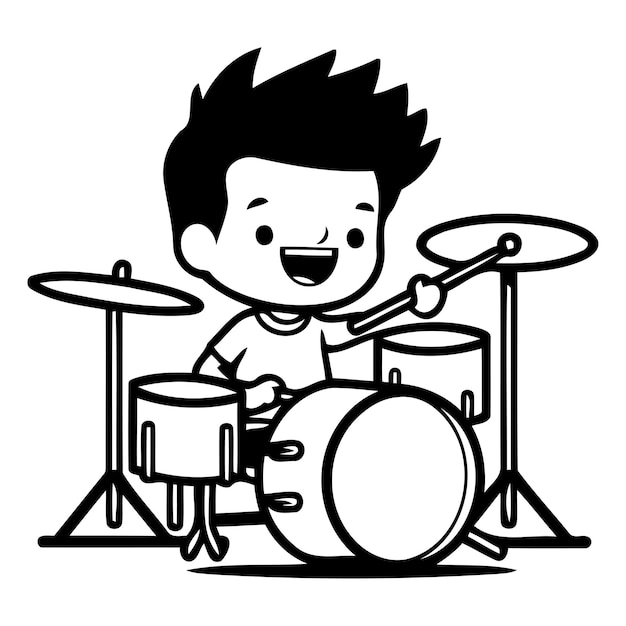 Cute Boy Playing Drums Cartoon Mascot Character Vector Illustration