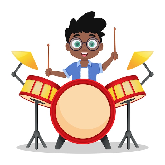 Vector cute boy playing drums child playing a musical instrument