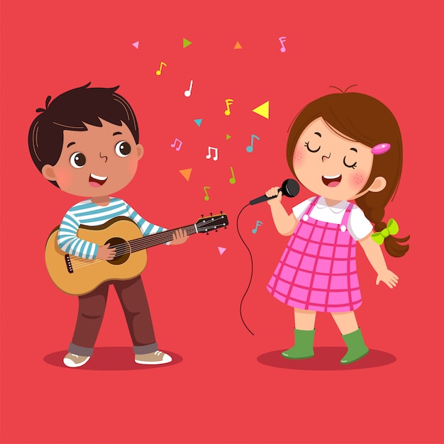 기타와 어린 소녀 노래를 연주하는 귀여운 소년