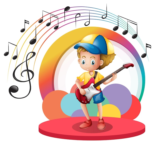 Vector cute boy playing guitar cartoon