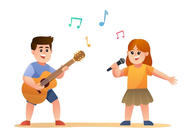 Cute boy playing guitar and girl singing cartoon