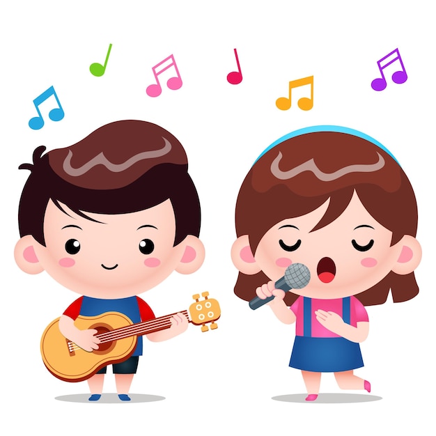 Cute Boy Playing Guitar And Girl Singing Song