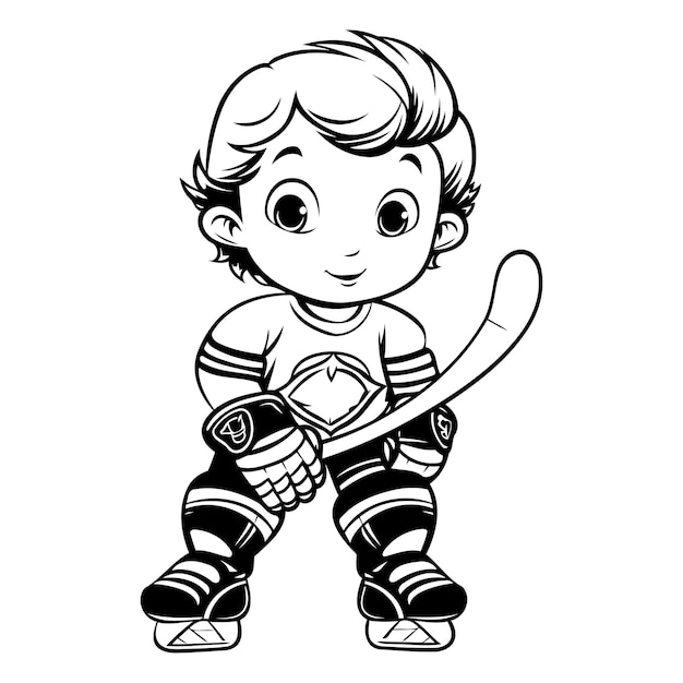 Vector cute boy playing hockey black and white vector illustration for coloring book