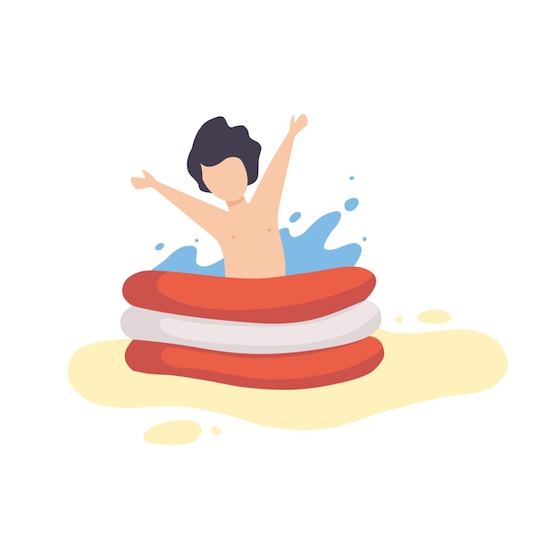 Vector cute boy playing in inflatable pool kid having fun on beach on summer holidays vector illustration on white background