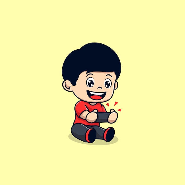 Vector cute boy playing mobile gaming cartoon