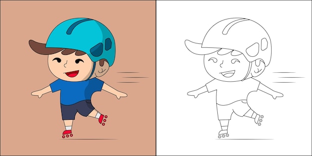 Ragazzo carino che gioca con i pattini a rotelle adatti per l'illustrazione di vettore della pagina da colorare dei bambini