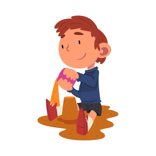 Vector cute boy playing in sandpit on playground preschool kid daily routine activity cartoon vector illustration