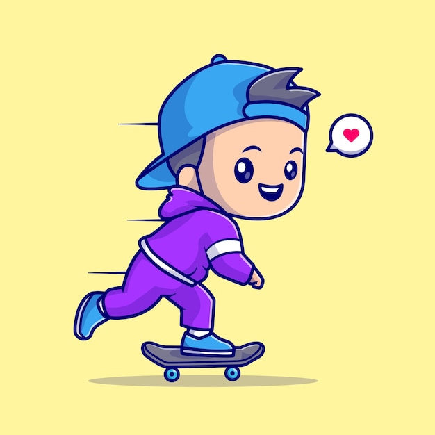 Cute Boy Playing Skateboard Cartoon Vector Icon Illustration. People Sport Icon Concept Isolated