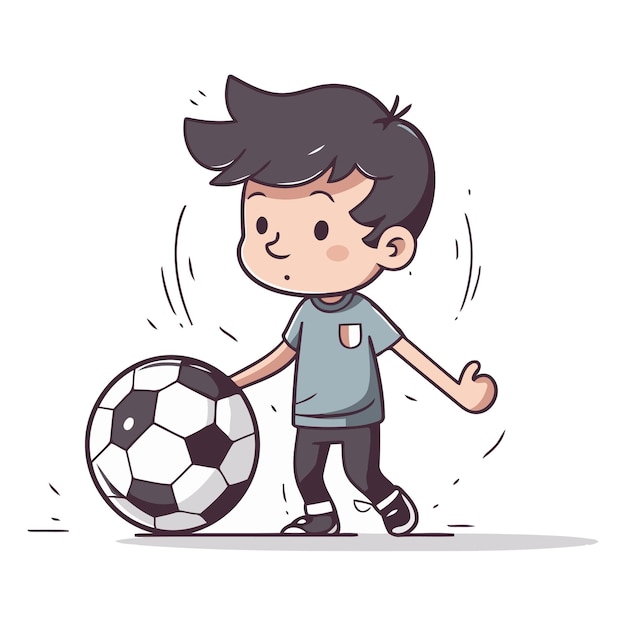 Вектор Милый мальчик играет в футбол в стиле мультфильма.